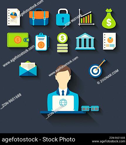 Illustration infographic concepts of businessman with business and finance flat icons -