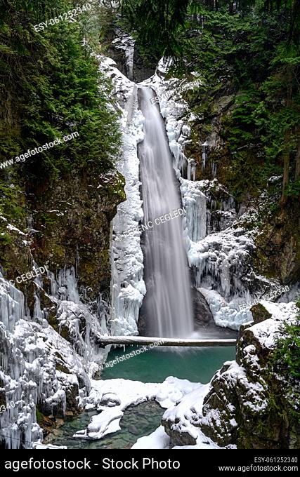 Winter scenery of Cascade falls, in Cascade falls regional park, Deroche, British Columbia, Canada