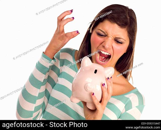 Angry Ethnic Female Yelling At Her Piggy Bank Isolated on a White Background