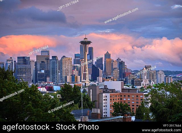 Panorama of Space Needle tower over sunset sky, Seattle, Washington