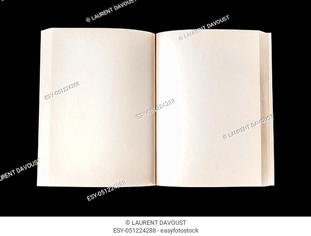 Old open blank book mockup, isolated on black. Top view