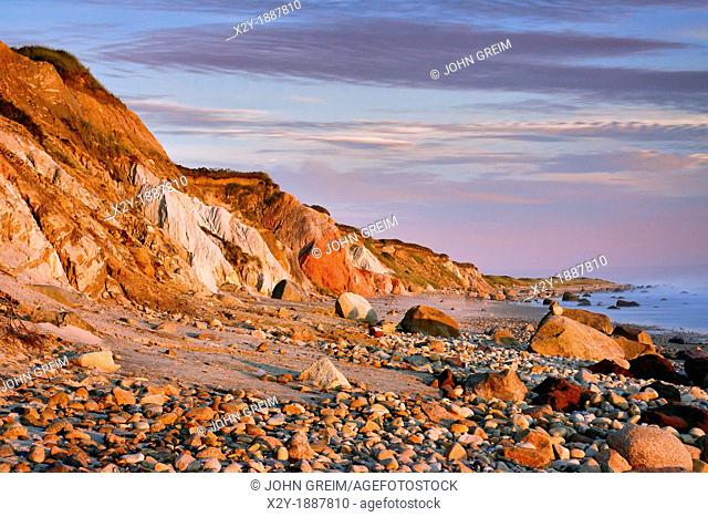 Coastal clay cliffs and rock formations, Gay Head, Aquinnah, Martha's Vineyard, Massachusetts, USA  Tribal lands of the native american Wampanoag tribe