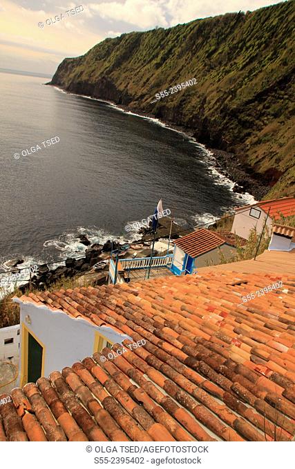 View over the Atlantic Ocean from little village in porto de pescas. Nordeste, Sao Miguel island, Azores, Portugal