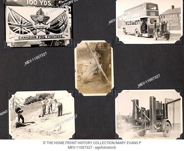 Personal photographs taken in England 5 snaps showing unexploded bomb, bus with gas supply for fuel and firemen at play. The Corps of Canadian Fire-fighters...