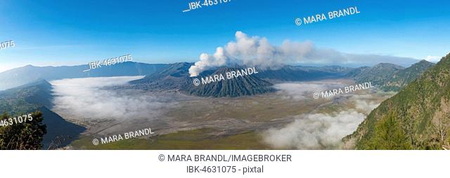 View of volcanoes, smoking volcano Gunung Bromo, Batok, Kursi, Gunung Semeru, Bromo-Tengger-Semeru National Park, Java, Indonesia