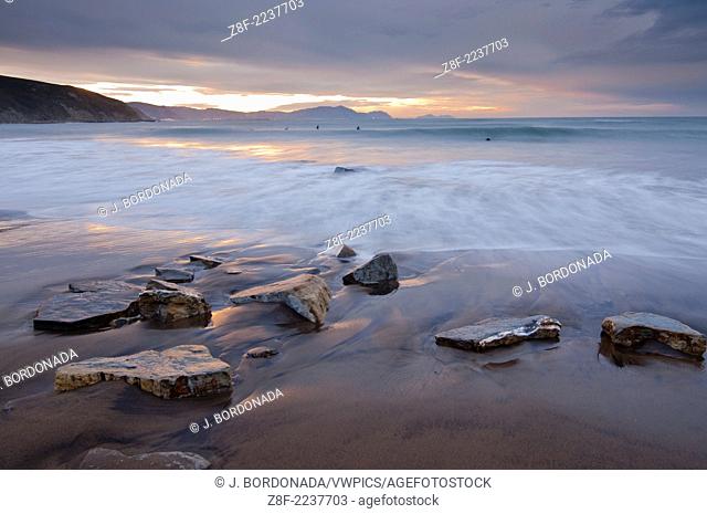 Seaside scenes at Sopelana and Azkorri beachs in Bilbao coastline. Northem Spain