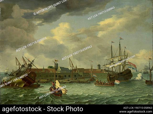 The Island of Onrust near Batavia (Jakarta), View of the shipyard on the island of Onrust near Batavia. On the left, a warship with the coat of arms of...