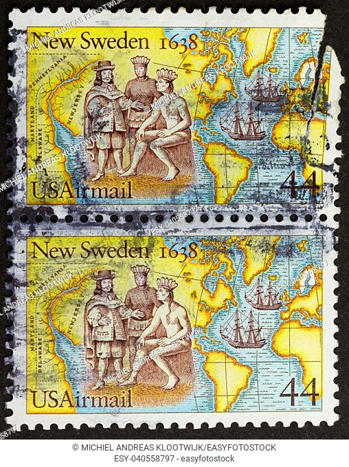 USA - CIRCA 1975: Stamps printed in the USA shows the discovery of New Sweden (1638), circa 1975