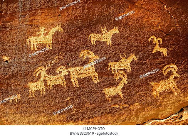 Petroglyphs of the native Americans, about 1500 years old, near Wolf Ranch, USA, Utah, Arches National Park