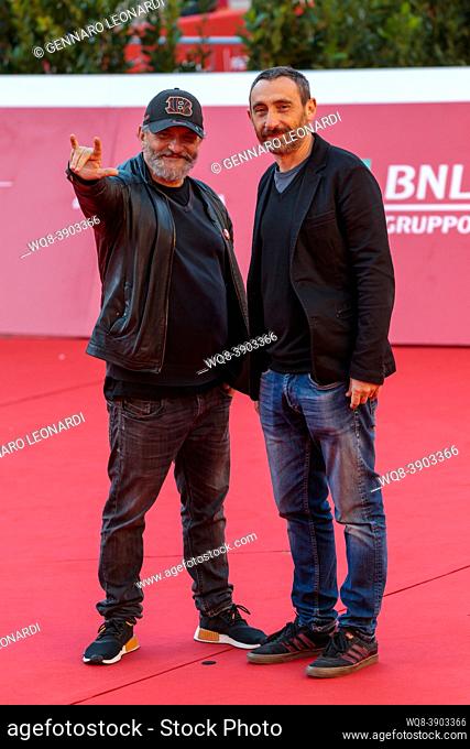 Rome, Italy - October 15, 2021: Marco and Antonio Manetti, of Manetti Bros. parade on the red carpet of the Rome Film Fest, at the Auditorium Parco della Musica