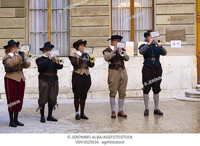 Group of musicians at the town hall, Fête de l'Escalade. Traditional festival Escalade ceremony is held every year on December 11th and 12th, Old town