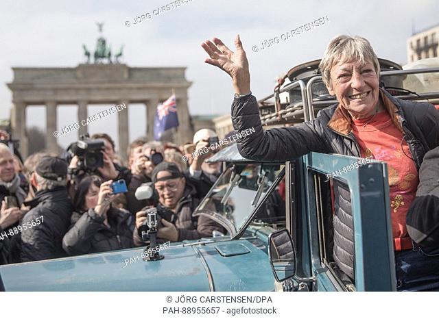 Heidi Hetzer returns after her world tour with a classic car to Berlin, Germany, 12 March 2017. At noon, the Berlin-based entrepreneur arrived at the...