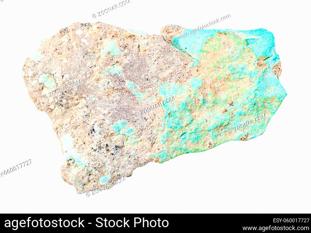 closeup of sample of natural mineral from geological collection - unpolished Turquoise rock isolated on white background