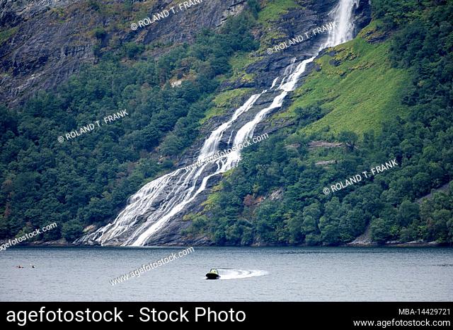 Norway, The Freier (Norwegian: Friaren, also Geitfossen or Skageflafossen) waterfall in Geirangerfjord