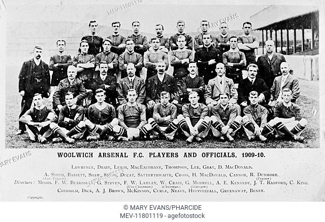 Woolwich Arsenal Football Club team and officials, season of 1909-1910. Back row: Lawrence, Drain, Lewis, MacEachrane, Thompson, Lee, Gray, MacDonald