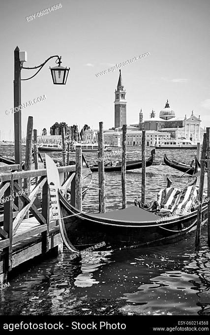 Gondola in Venice, Italy. Black and white photography, venetian scenic view
