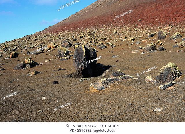 Volcanic bombs and lapilli in Timanfaya, Lanzarote Island, Canary Islands, Spain