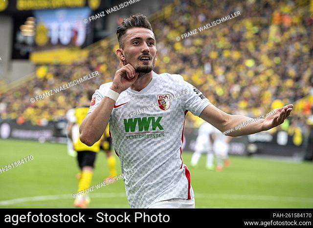 Andi ZEQIRI (A) cheers provocatively towards the fans of Borussia Dortmund on the Suedtribuene (Sudtribune) after his goal for the interim equalization to 1: 1;...