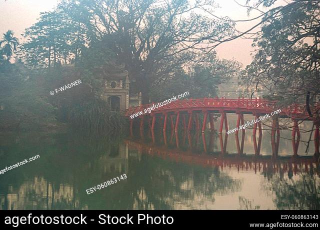 The so called ""huc bridge"" at the ""Hoan Kiem Lake"" in the old town of Hanoi, the capital of Vietnam