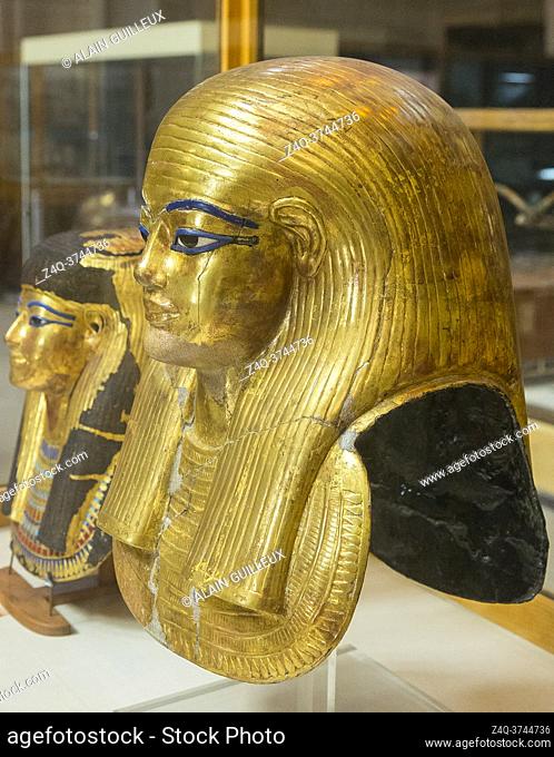 Egypt, Cairo, Egyptian Museum, from the tomb of Yuya and Thuya in Luxor : Gilded mask of Yuya, made of cloth and plaster