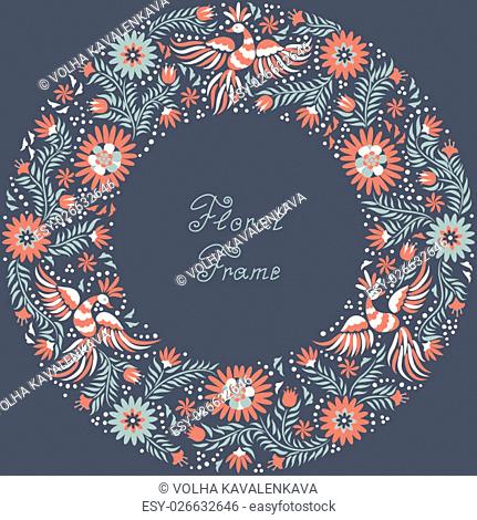 Mexican embroidery round pattern. Colorful and ornate ethnic frame pattern. Red and gray Birds and flowers on the dark background