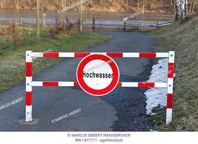 Flood sign on the Fulda river in Guntershausen, North Hesse, Germany, Europe