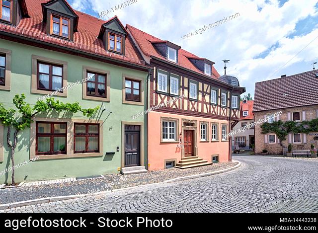 House facade, alley, spring, village view, Prichsenstadt, Franconia, Bavaria, Germany, Europe