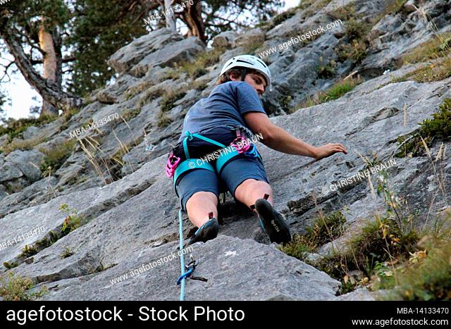 young man climbing in the climbing garden sonnenplatten scharnitz karwendel mountains, scharnitz, tyrol, austria