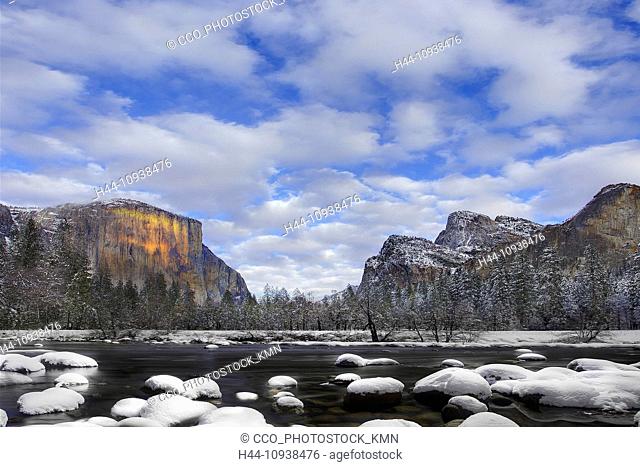 USA, United States, America, California, Yosemite, El Capitan, California, Rock, River, Snow, Clouds, Sky, No People, Trees, winter, landscape