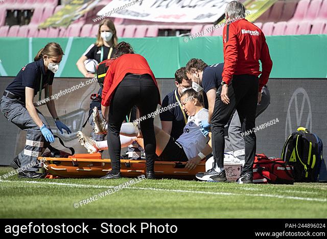 Tanja PAWOLLEK (F) is lifted onto a stretcher, injured, injury, cruciate ligament rupture DFB Pokal Women's Final 2021 / Eintracht Frankfurt (F) - VfL Wolfsburg...