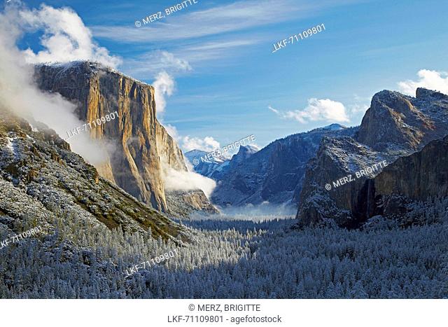 View from Tunnel View at Yosemite Valley , Half Dome , El Capitan , Bridalveil Fall , Snow , Yosemite National Park , Sierra Nevada , California , U.S