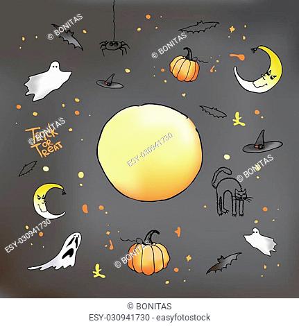Vector Halloween card on grey background. Pumpkin, ghost, bat and other items on Halloween theme