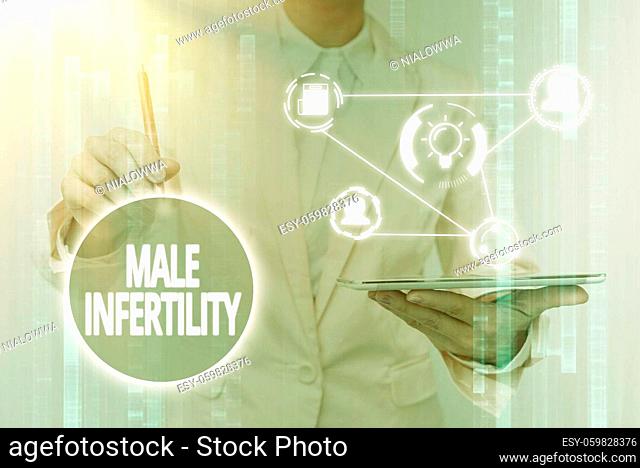 Inspiration showing sign Male Infertility, Word Written on the inability to cause pregnancy in a fertile Lady In Uniform Touching And Using Futuristic...