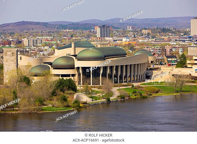 Canadian Museum of Civilization on the banks of the Ottawa River in Gatineau, Quebec, seen from Parliament Hill in the city of Ottawa, Ontario, Canada