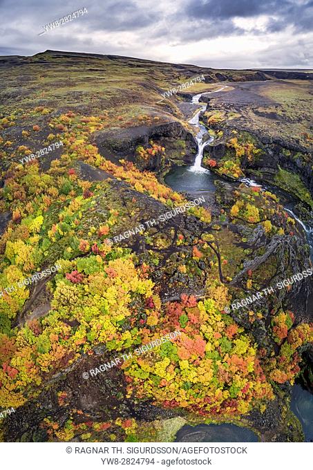 Top view -Gjaarfoss Waterfalls, Iceland. This image is shot with a drone