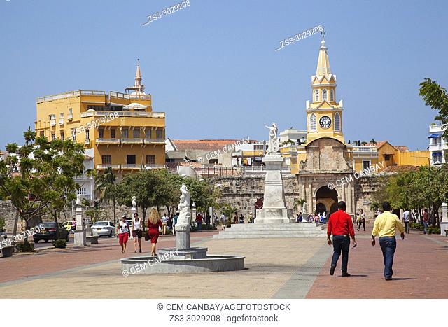 View to the Cathedral with clock tower at the historic center, Cartagena de Indias, Bolivar, Colombia, South America