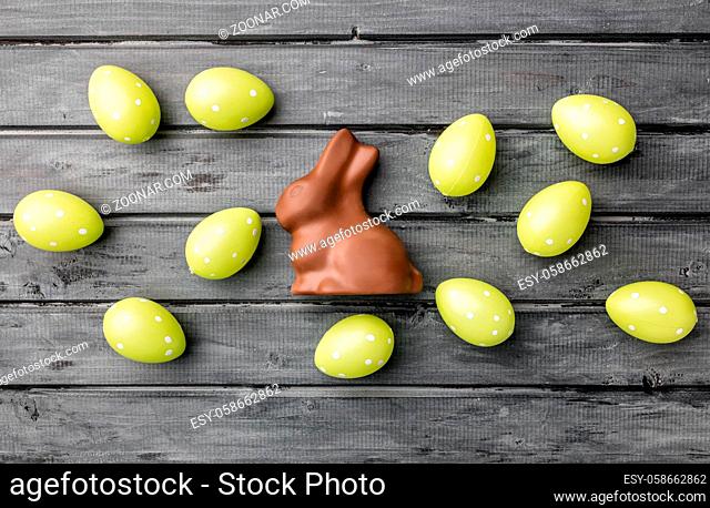 Delicious Easter holiday chocolate bunny, eggs and sweets