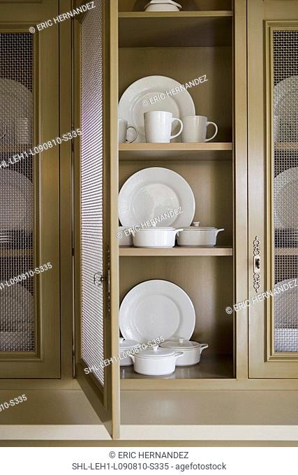 Contemporary china cabinet with wire mesh doors