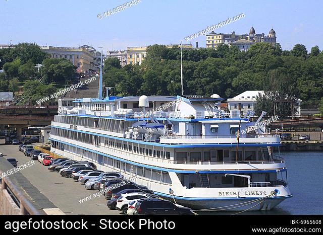 Port of Odessa with cruise ship Viking Sineus, Potemkin Steps and Old Town in the back, Odessa, Ukraine, Europe