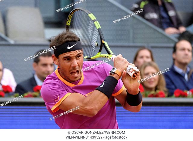 Rafael Nadal of Spain in action in his match against Nick Kyrgios of Australia during day six of the Mutua Madrid Open tennis at La Caja Magica Featuring:...