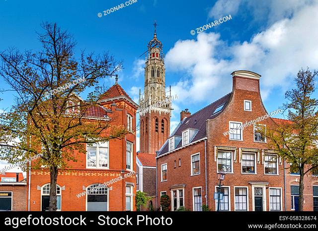 The sandstone tower of the Bakenesserkerk church in Haarlem, Netherlands