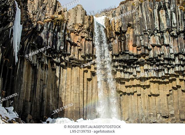 Well-known waterfall in iceland over a basaltic columnar system