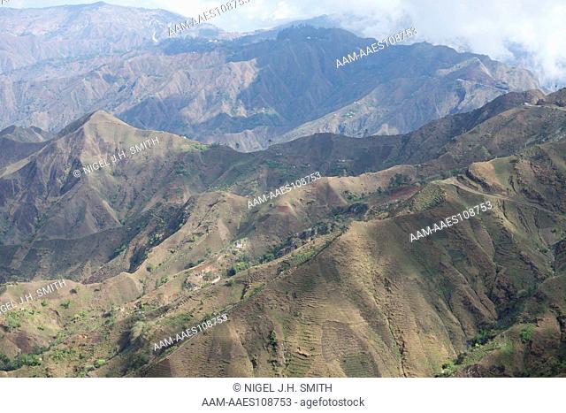 Deforestation of mountains. Some terraces on steep mountain sides to grow crops. Road from La Visite to Kenscoff, Haiti, 3-7-13
