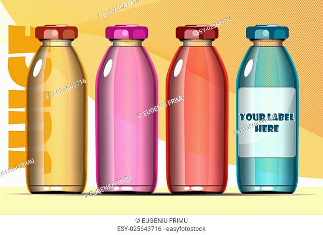Vector set of transparent glass or plastic orange, blue, red and pink liquid bottle with caps for juice mockup ready for your design