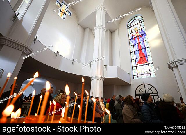 RUSSIA, LUGANSK - OCTOBER 14, 2023: Believers attend a service at the Church of Our Lady of Tenderness to mark the Christian feast of the Intercession