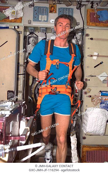 Cosmonaut Sergei K. Krikalev, Expedition 11 commander representing Russia's Federal Space Agency, equipped with a bungee harness