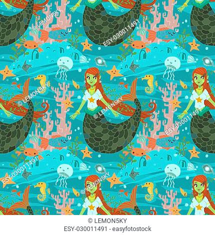 The vector pattern with cute young mermaid and ocean stuff for games presentations, ui tablets, smart phones