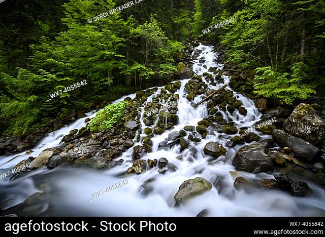 Uelhs deth Joèu waterfall in spring (Aran Valley, Catalonia, Pyrenees, Spain)
