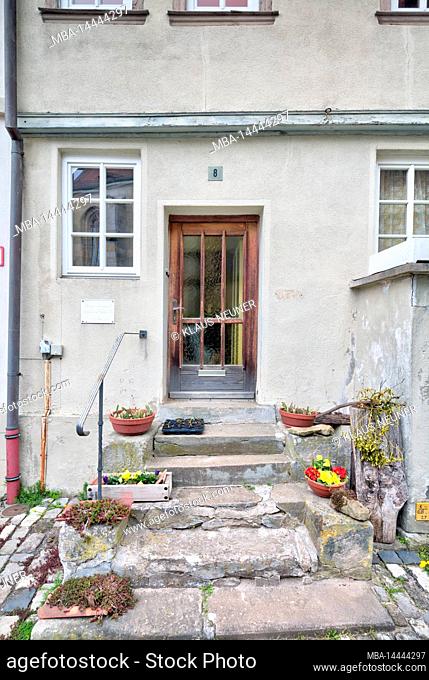 half-timbering, house facade, front door, window, spring, Königsberg, Hassberge, Franconia, village view, Bavaria, Germany, Europe