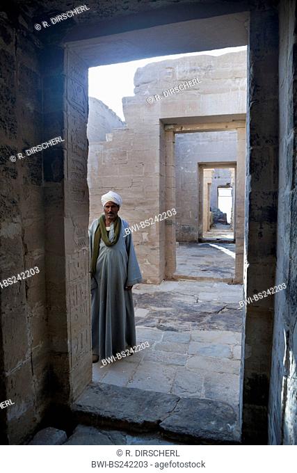 man in the ruins of El-Ghweita Temple in Charga Oasis, Libyan Desert with dogs, Egypt